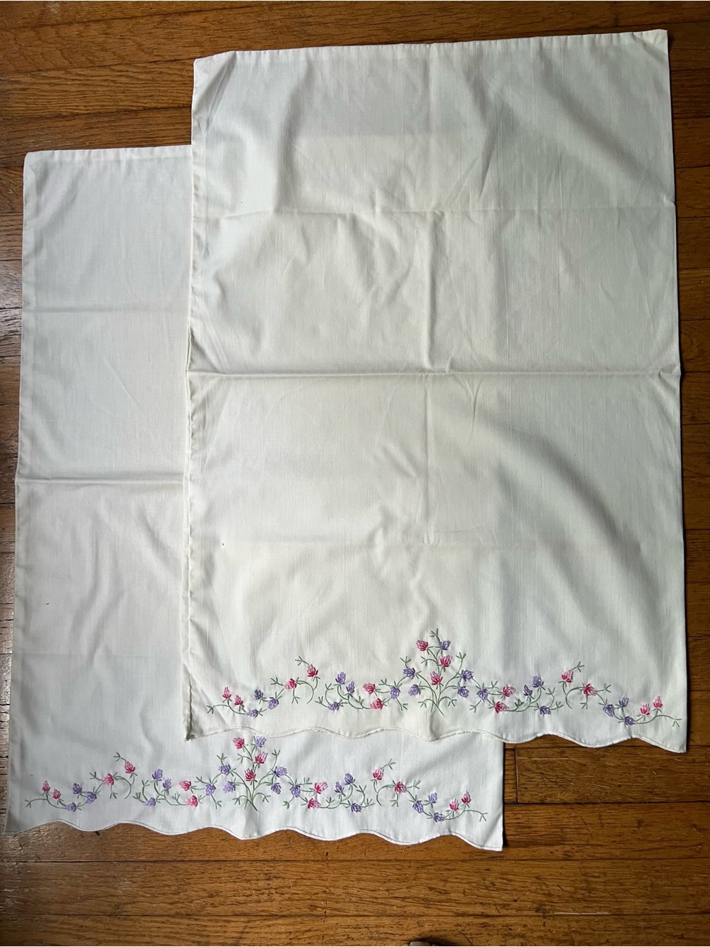 Vintage Embroidered Floral Pillowcases - White with Pink & Lavender Flowers